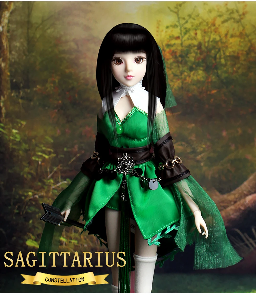 

MMG Girl fortune days BJD doll 12 constellations Sagittarius with green outfit shoes stand necklace arrow joint body toy gift
