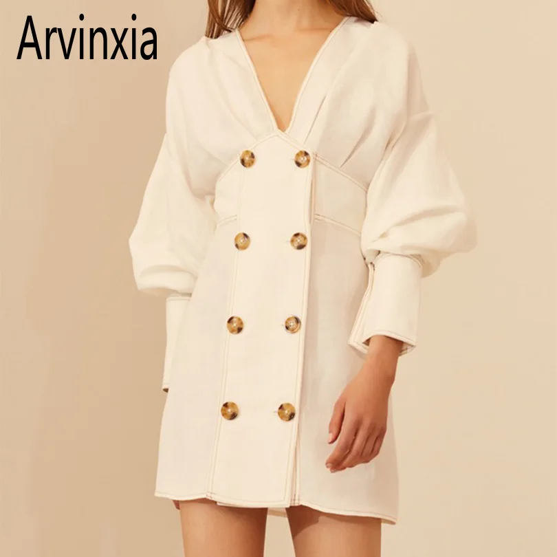 

Arvinxia ZA Casual Double Breasted Deep V Neck Woman White Dress Chic Elegant Vestidos Fashion Flare Sleeves Office Lady Dresses