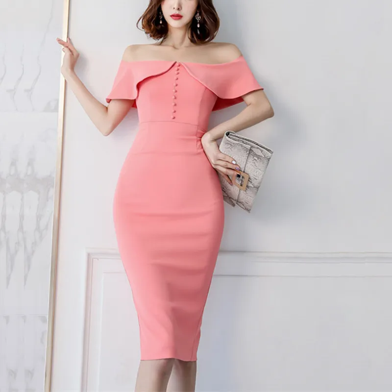 2019 Women Elegant Pink Slash Neck Off the shoulder Bodycon Club Dress ...