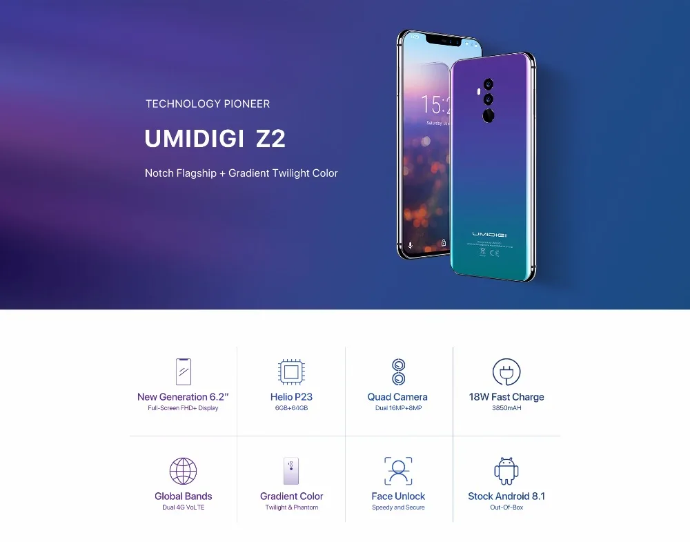 UMIDIGI Z2 специальное издание Helio P23 4 Гб 64 Гб мобильный телефон 6," FHD+ Восьмиядерный Android 8,1 3850 мАч Face ID 4G смартфон