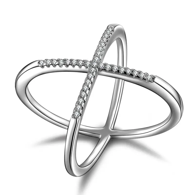 

Simple Silvery color X modelling Rings for Woman Inlay CZ Party Finger Jewelry girl Gift DropShipping