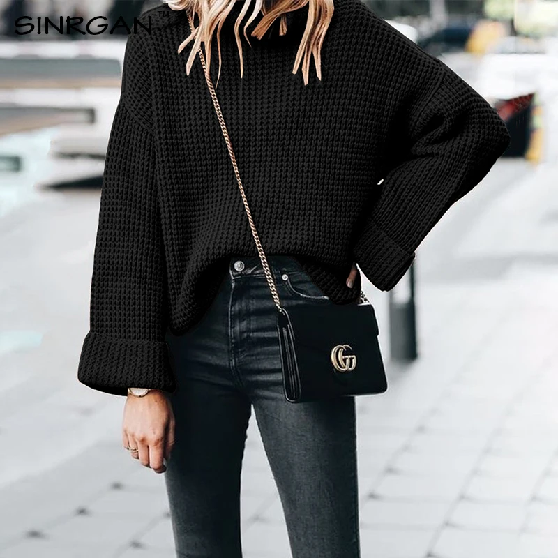 SINRGAN Loose long sleeve knitting turtleneck women pullover jumper oversized winter clothes solid casual streetwear coat | Женская