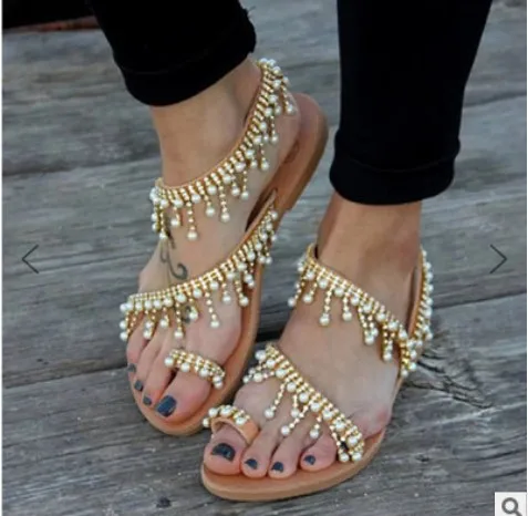 Women sandals summer shoes flat pearl sandals comfortable string bead slippers women casual sandals hjm78
