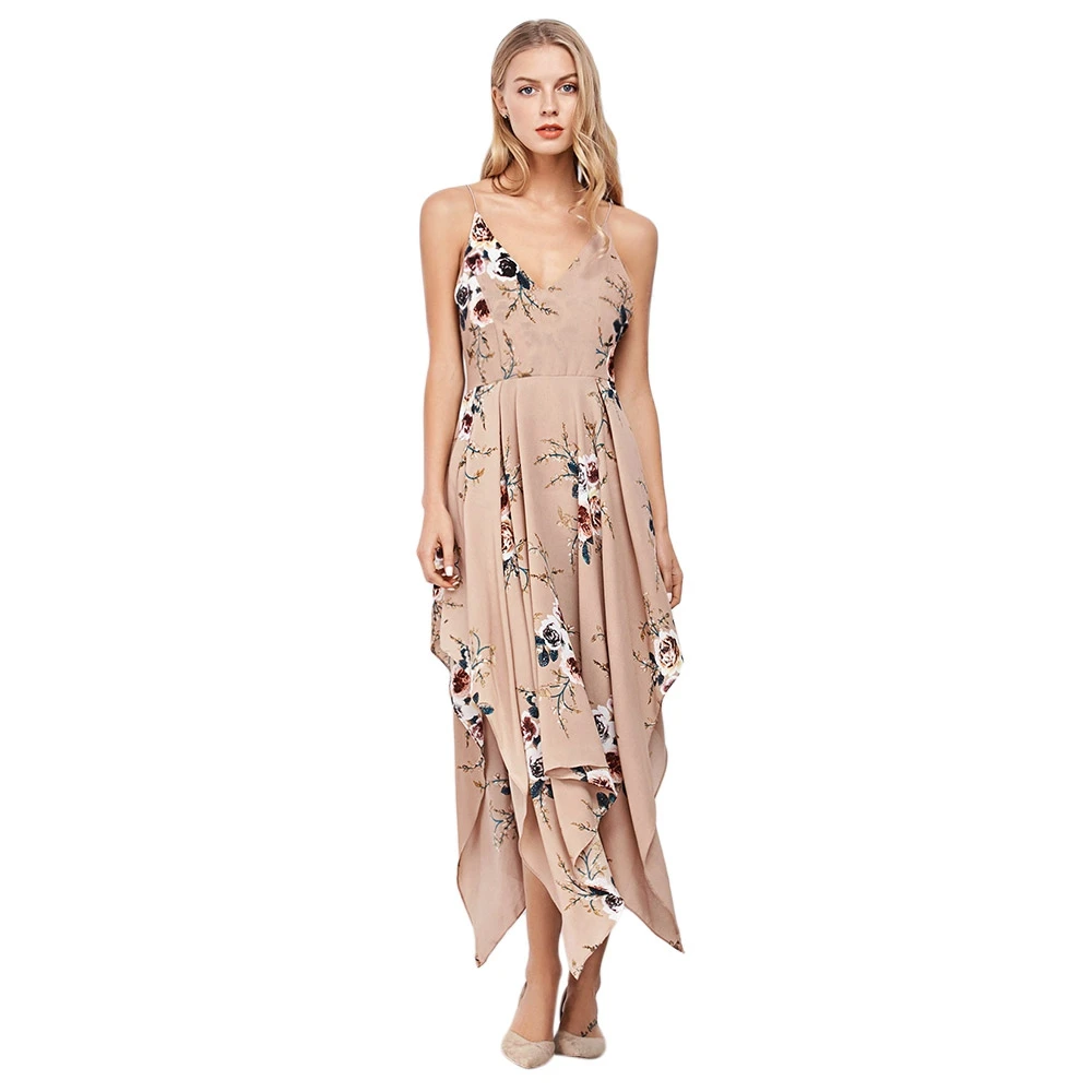 VESTLINDA Vintage Spaghetti Strap Floral Print Women V Neck Handkerchief Dress 2017 Summer Maxi Long Dress Sexy Party Dresses 3
