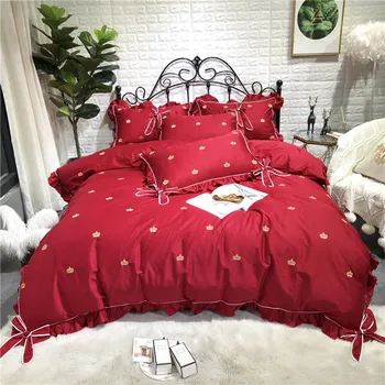 

New Red Korean Princess Crown Embroidery 60S Egyptian Cotton Girl Bedding Set Ruffle Duvet Cover Bed sheet Bed Linen Pillowcases