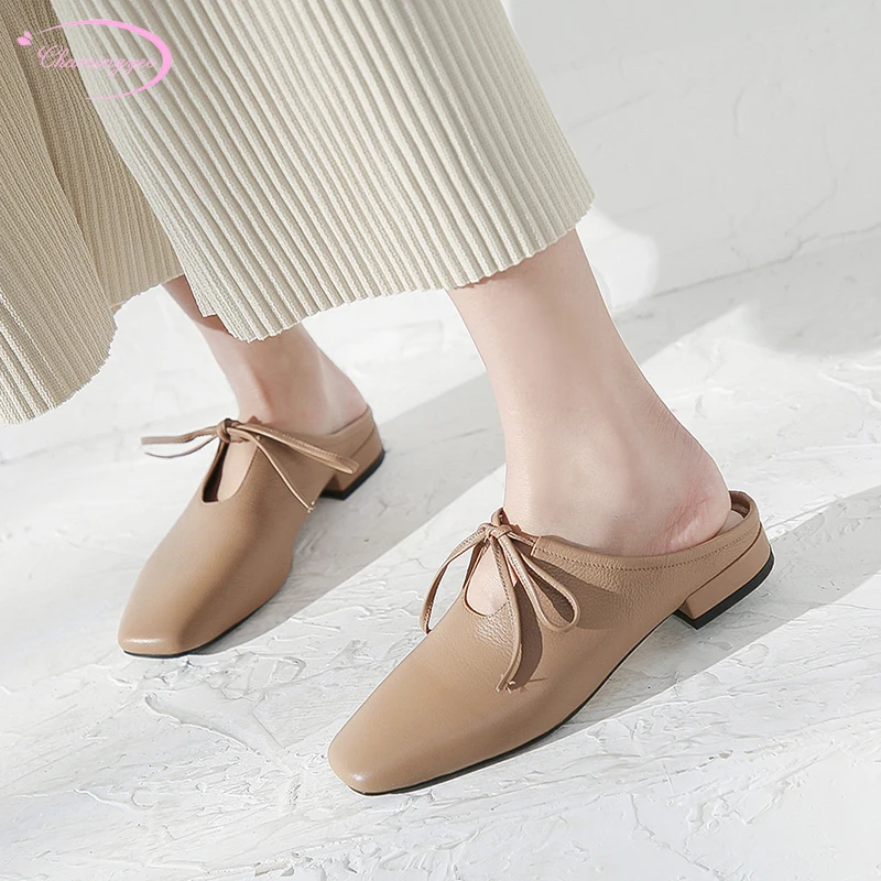 

Korean casual style square toe natural leather summer muller shoes slippers fashion bow lace-up low square heel women's shoes