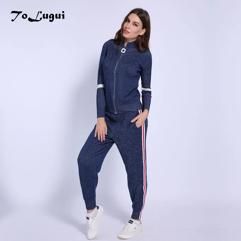 Kopen Vrouwen Trainingspak 2018 Herfst Casual Coltrui Knit Sportwear Lange Mouw 2 stuk Broek Sets Streep Breien Suits Vrouwen