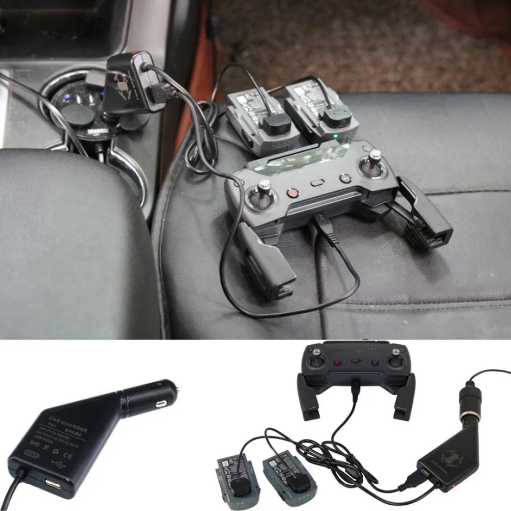 Автомобильное зарядное устройство DJI Spark 3 в 1 2 аккумулятора и USB порт с