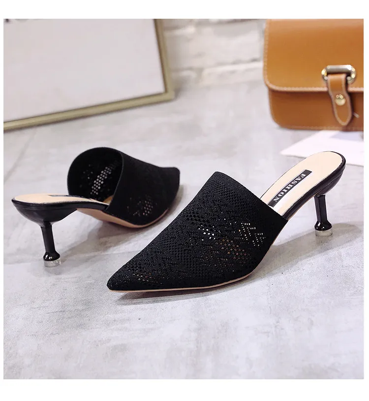 Summer Pointed Toe Women Sandals High Heels Yellow Fashion Slip On Mules Hollow Fabric Slides Thin Heels Slipper Sandalias Mujer