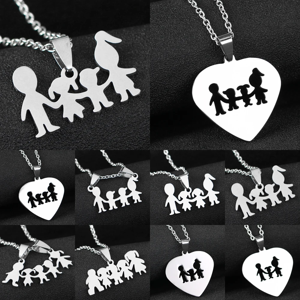 

Trailer Family Chain Stainless Steel Pendant Necklace Parents And Children Necklaces Heart Silver Jewelry Gifts For Mom Dad New