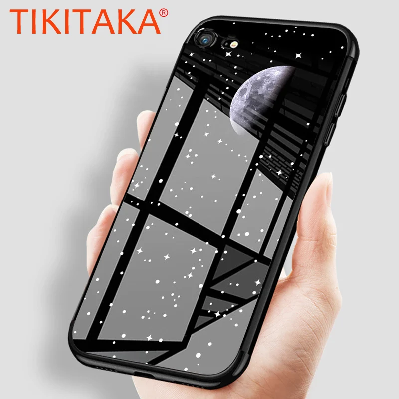 

Slim Tempered Glass Back Cover For iphone XS Max X 8 7 6 6s Plus Case Moon Starry Print Glass +Soft Silicone Bumper Phone Cases