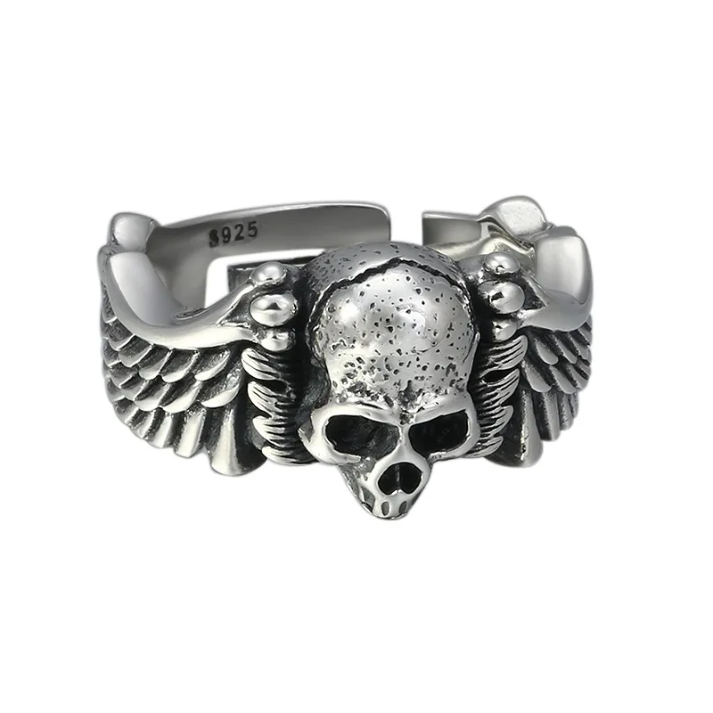 925 пробы, Серебряное мужское Винтажное кольцо в стиле панк, хип-хоп, череп, крылья ангела, первоначальное регулируемое кольцо для любви, хорошее ювелирное изделие, подарки - Цвет основного камня: Серебристый