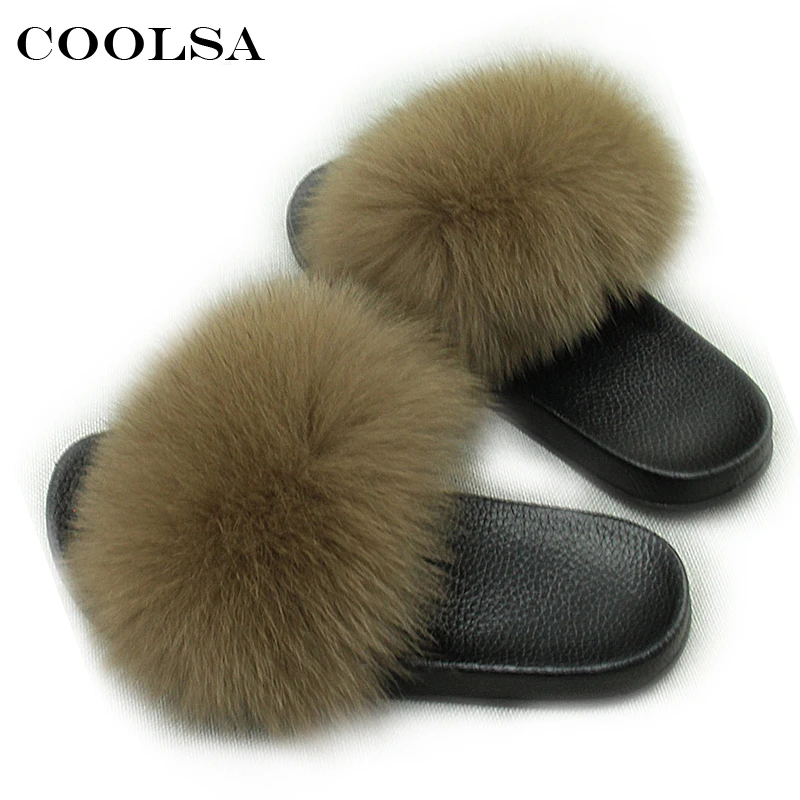 

Coolsa Summer Women Fox Fur Slippers Really Fox Hair Flip Flops Fluffy Plush Non Slip Indoor Slipper High Quality Beach Sandals