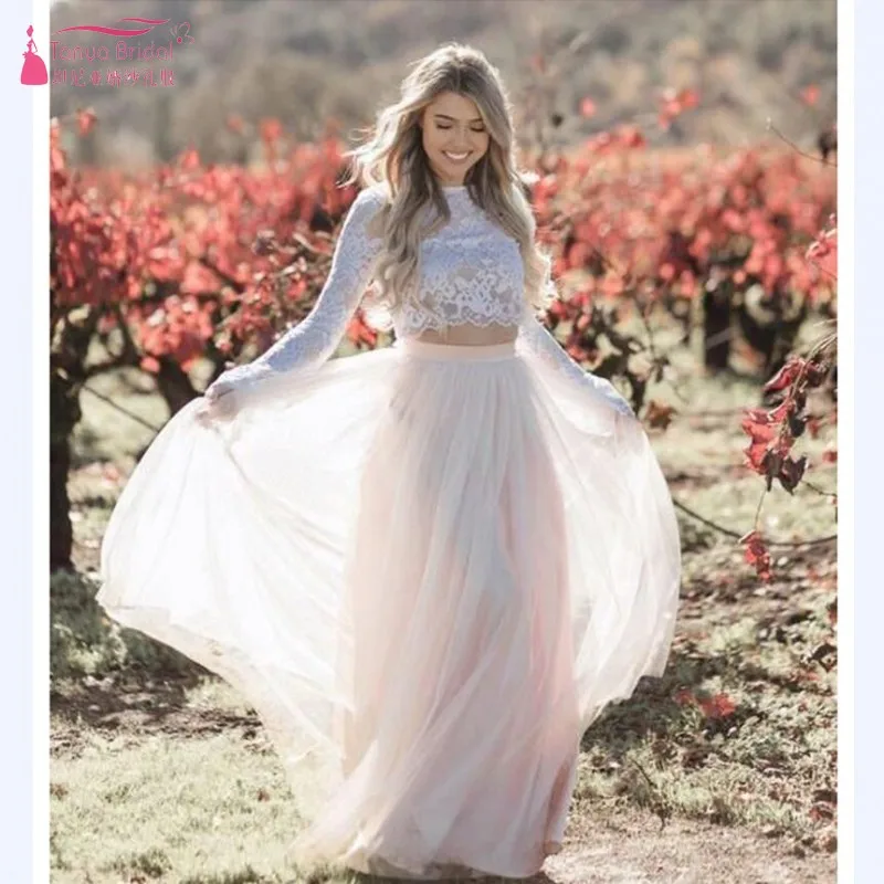 

Boho Long Sleeve Wedding Dress 2019 Two Pieces White Lace Top With Blush Pink Bridal Dress Puffy Tulle Robe de mariee JQ580