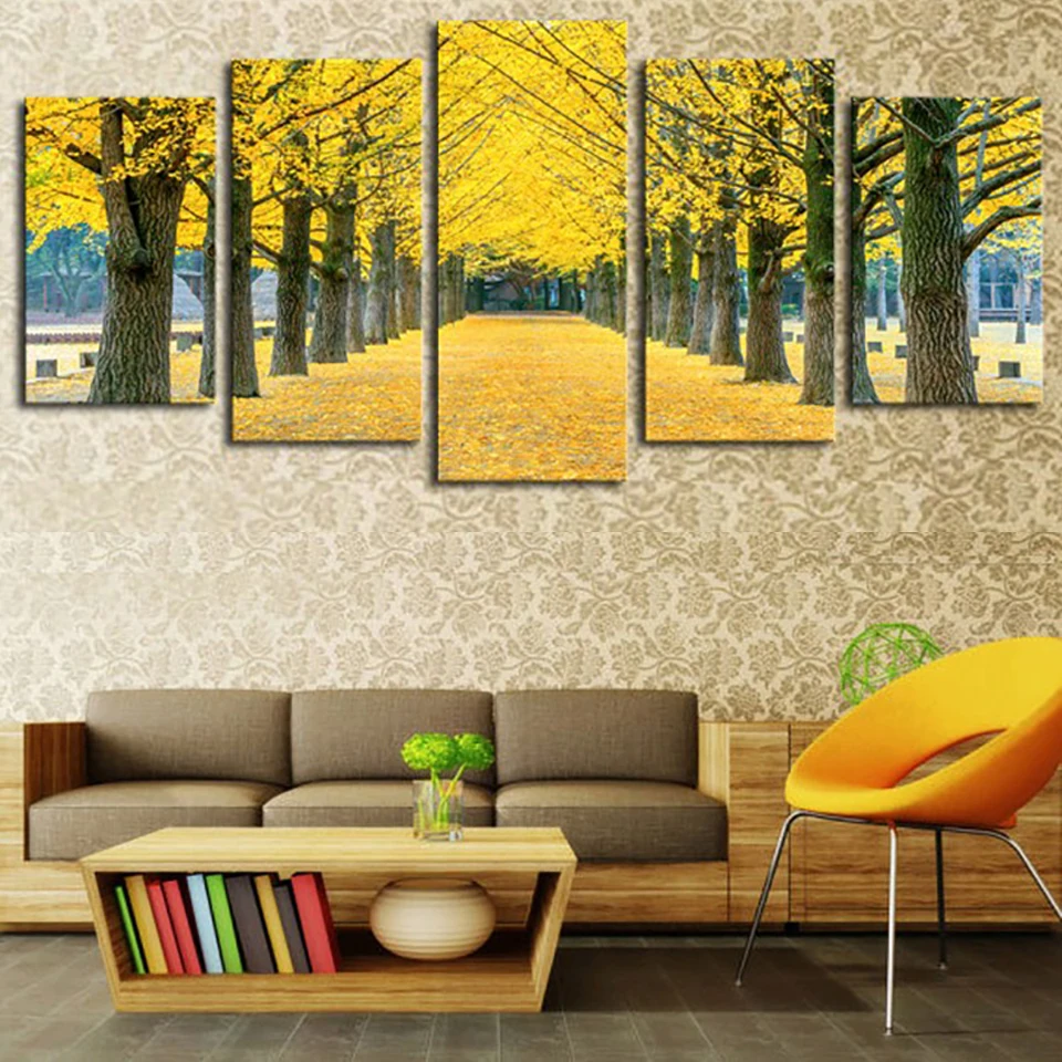 

Living Room HD Printed Painting Wall Art Pictures 5 PiecePcs Yellow Leaves Trees Landscape Home Decor Poster Modern Framework