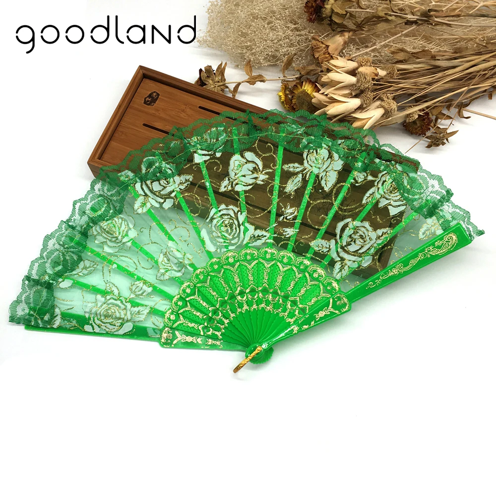 

Wholesale Free Shipping 50pcs Luxury Rose Pattern Lace Folding Hand Held Flower Fan Dancing Party Fan Women Girl Dancing Fan