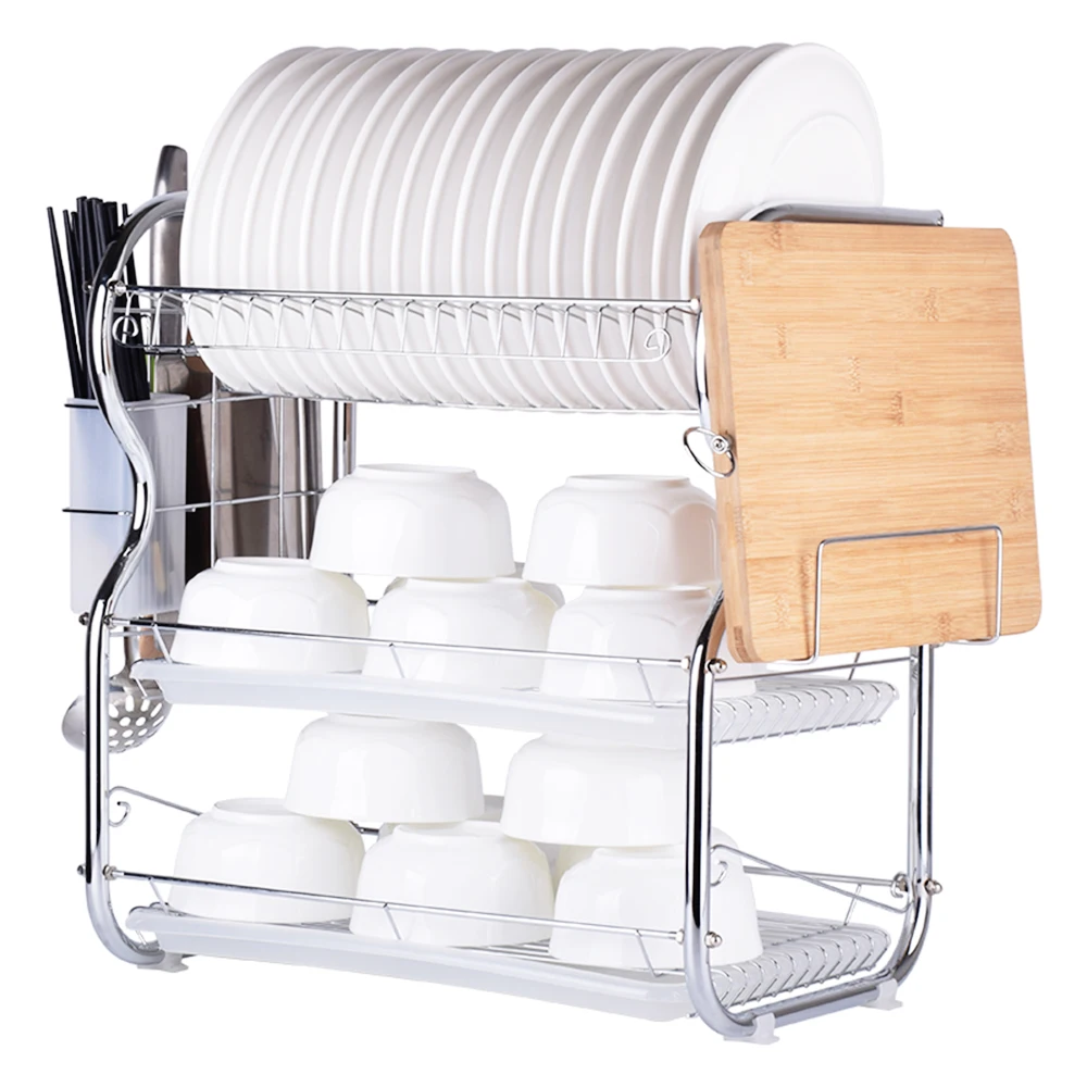 Мульти-функциональный 3-х уровневая со сушилкой для посуды Кухня принадлежности стеллаж для хранения Подставка для сушки с держатель разделочной доски для мытья и сушки посуды