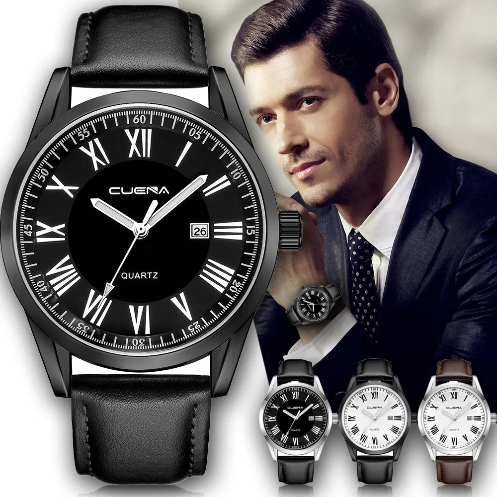 Мужские часы Reloj Hombre Cuena, модные мужские кожаные военные Аналоговые кварцевые наручные часы с датой, деловые часы Erkek Kol Saati