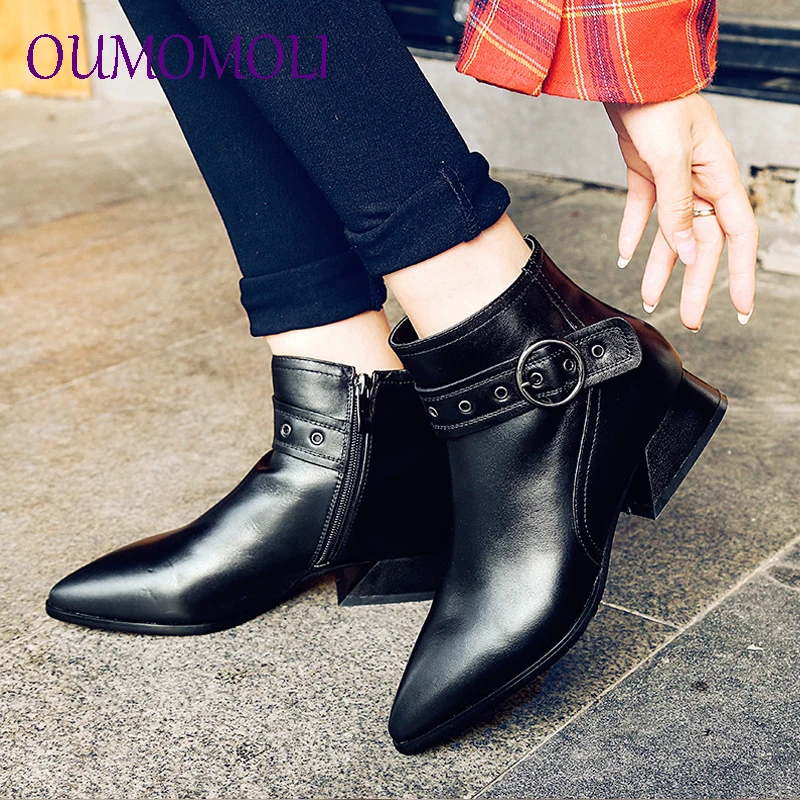 

2019 zip buckle med heels ankle boots autumn winter boots for women cow genuine leather boots pointed toe shoes y690