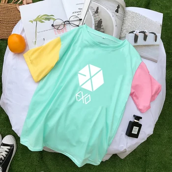 

Summer Spell Color Stitching T Shirts Women Korean Kpop EXO Fan Support Tee Shirt Femme Short Sleeve Casual Harajuku Cotton Tops