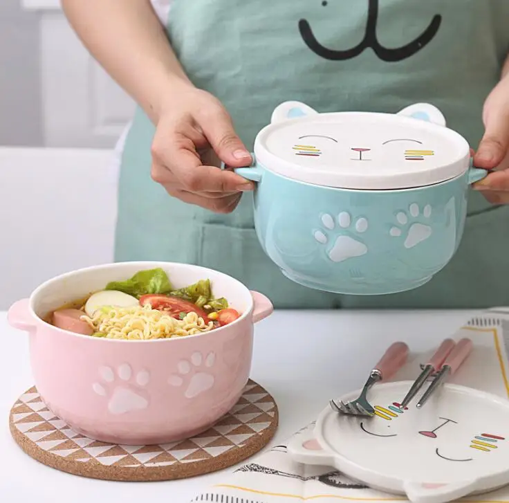 Милая керамическая чаша для котенка с миской из мультфильма, свежая цветная посуда