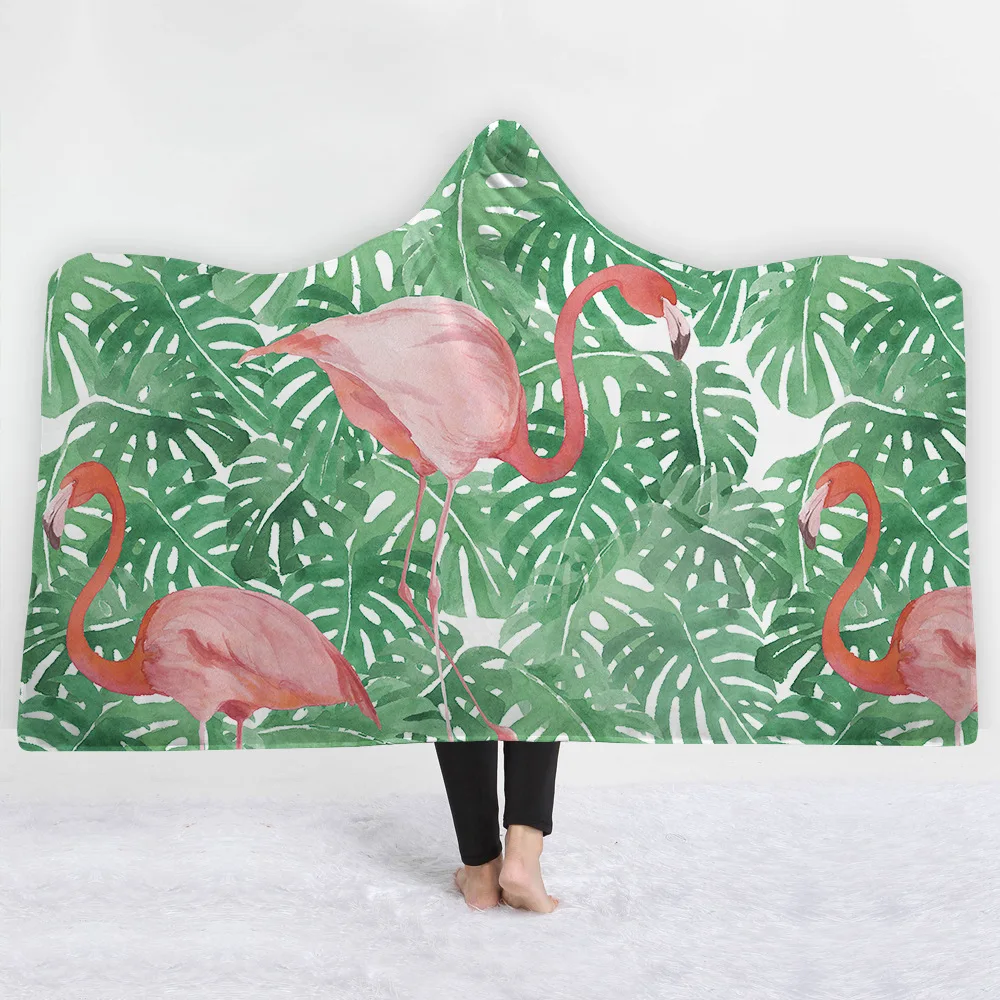 Одеяло с капюшоном в виде фламинго, цветов, листьев для взрослых, шерпа, флисовое, пригодное для носки, плед из микрофибры, 150*200 см/130*150 см