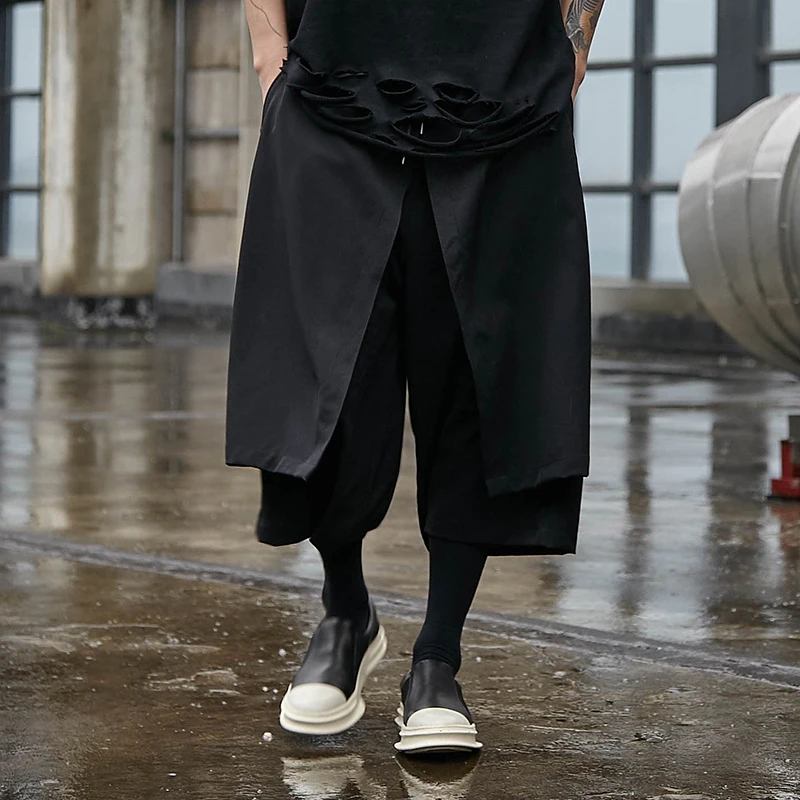 Men Pants Cotton Original Four Seasons Tide To Take A New Skirt Personality Catwalk Fake Two Nine Points Man Loose | Мужская одежда