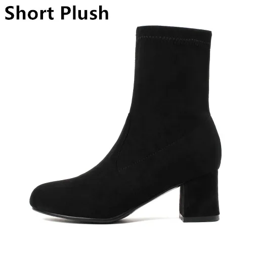 Новые женские ботинки; ботильоны из флока; обувь на высоком толстом каблуке; женские носки; Ботинки martin на молнии; сезон осень-зима; большие размеры - Цвет: black ( Short Plush)
