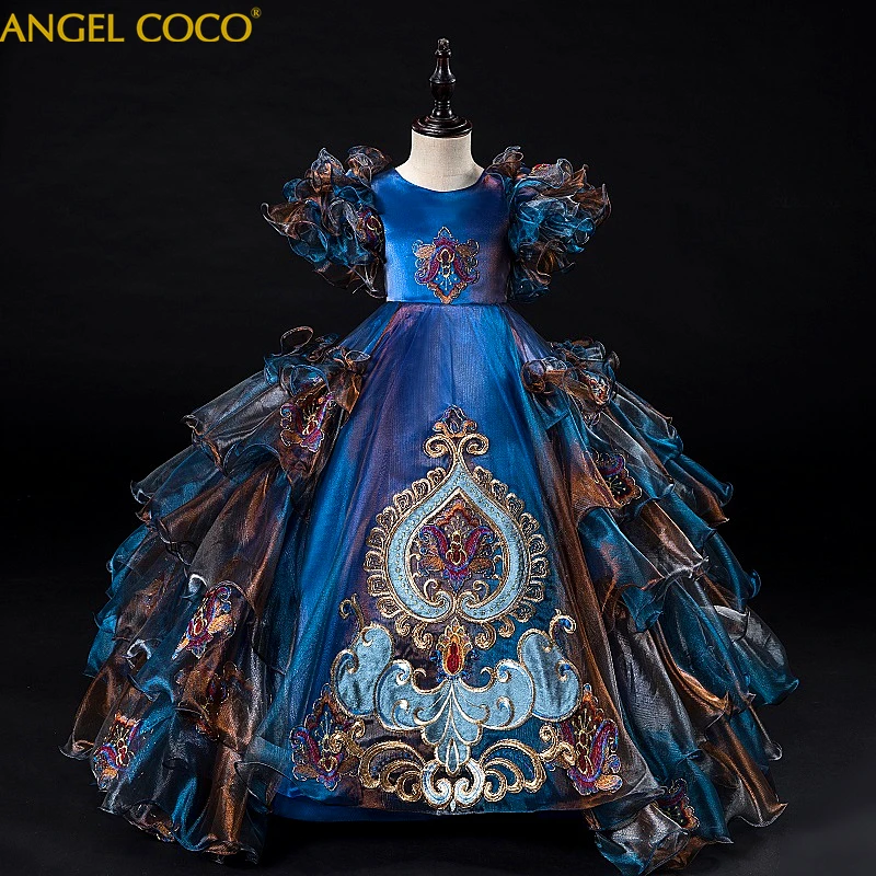 Новое поступление, Роскошные бальные платья с вышивкой, кружевные аппликации, длина до пола, платье принцессы с цветочным узором для девочек, элегантные свадебные пышные платья