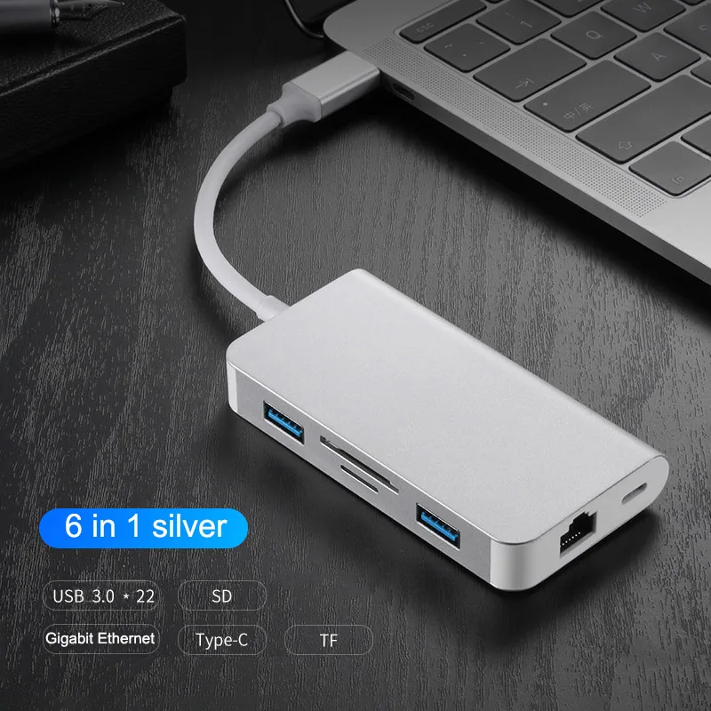 8 in 1 USB 3.1 Type C HUB to 4K HDMI 3.5mm Audio RJ45 Gigabit Ethernet Adapter with Type C PD Charging SD TF Card Reader USB HUB - Цвет: 6 in 1 Silver 1