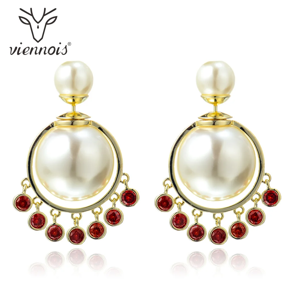 

Viennois Trendy Light Gold Color Simulated Pearl Stud Earrings for Women AAA Zircon Multifunction Elegant Earrings
