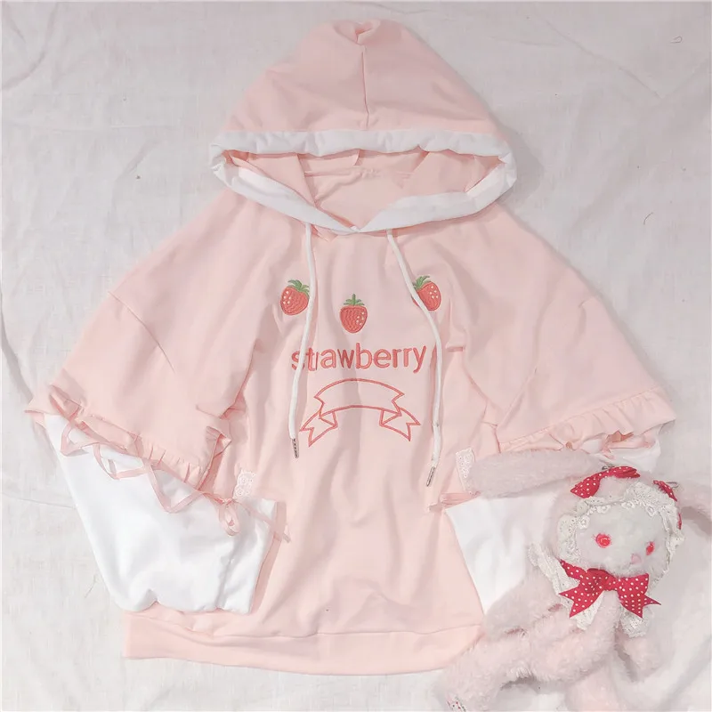  Soft Sister Cute Strawberry Embroidery Women's Hoodies Kawaii Young Girl Pullover Spring Bandage Lo