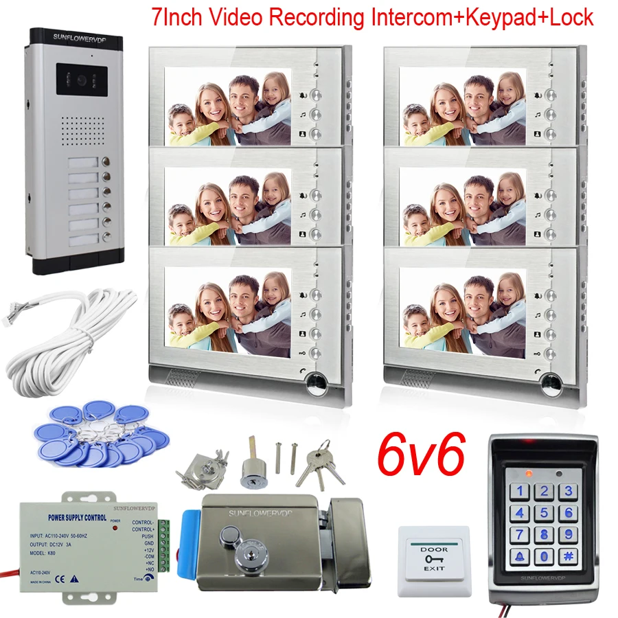 Max 32GB Recording Video Intercom System Door Bell With Camera For 6 Apartments Doorphone With Rfid Password Keypad System