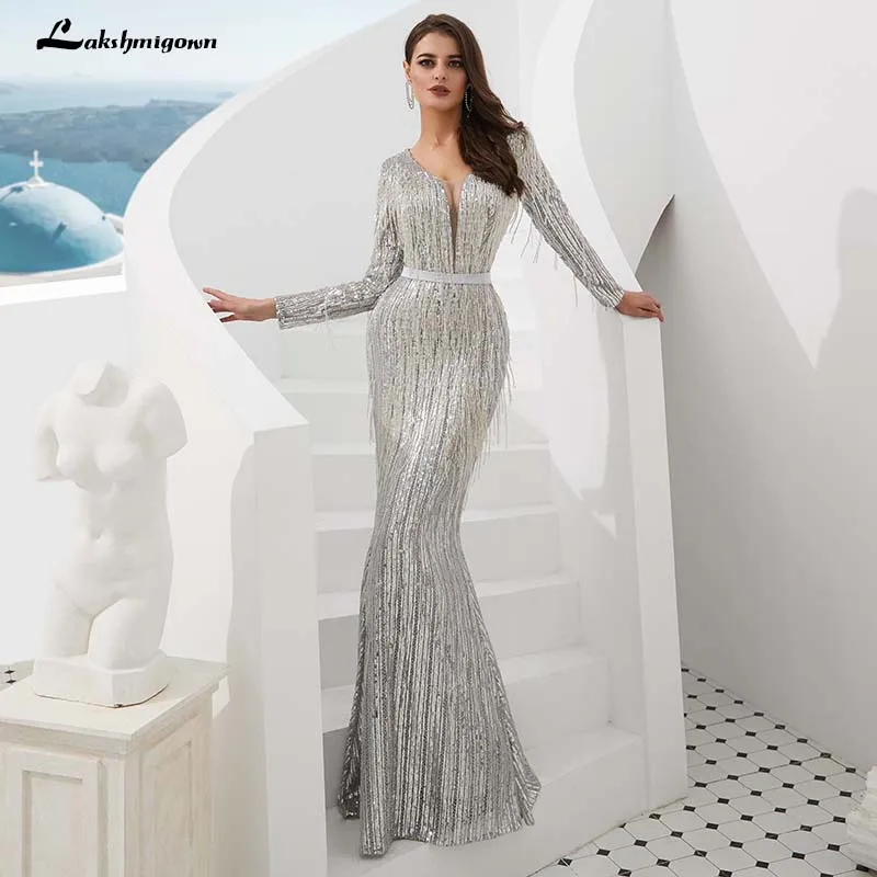 

Luxury Mermaid Sequined Evening Dresses V-Neck Silver Long Sleeves Evening Gown robe de soiree