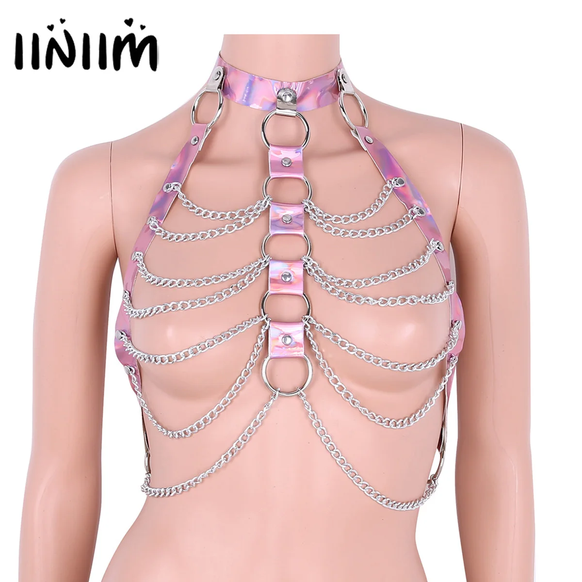 

Women Punk Belt Halter Neck Tank Tops Body Bust Harness Belt with O-Rings Chain Tassels Costumes Accessories Night Clubwear