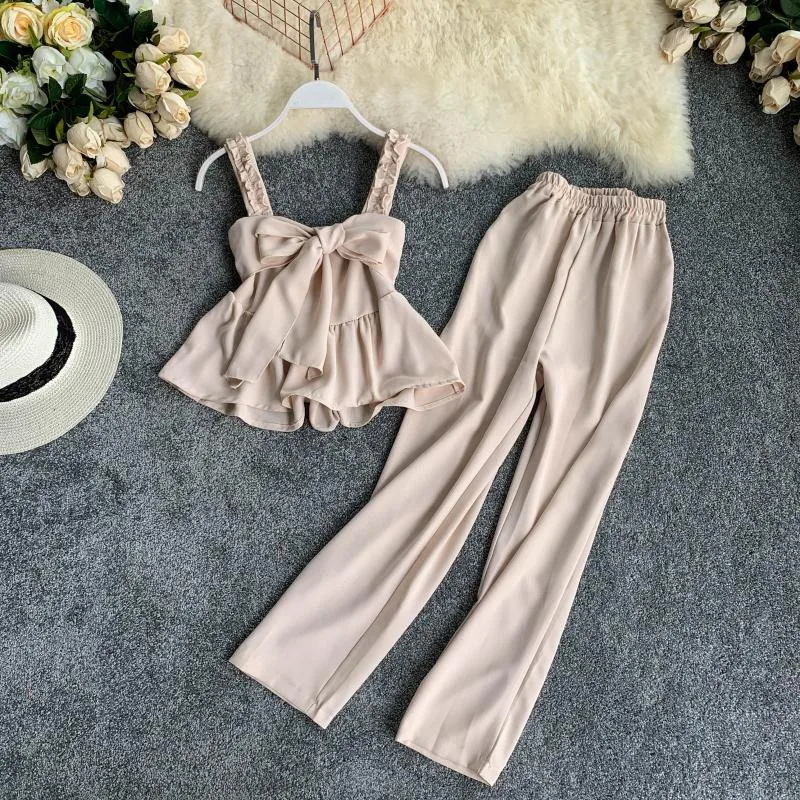 

2 Piece Set Women Solid Color Preppy Style V-neck Strapless Top + Long Pants Sets Summer Casual Suits Loose Two Piece Pants Sets