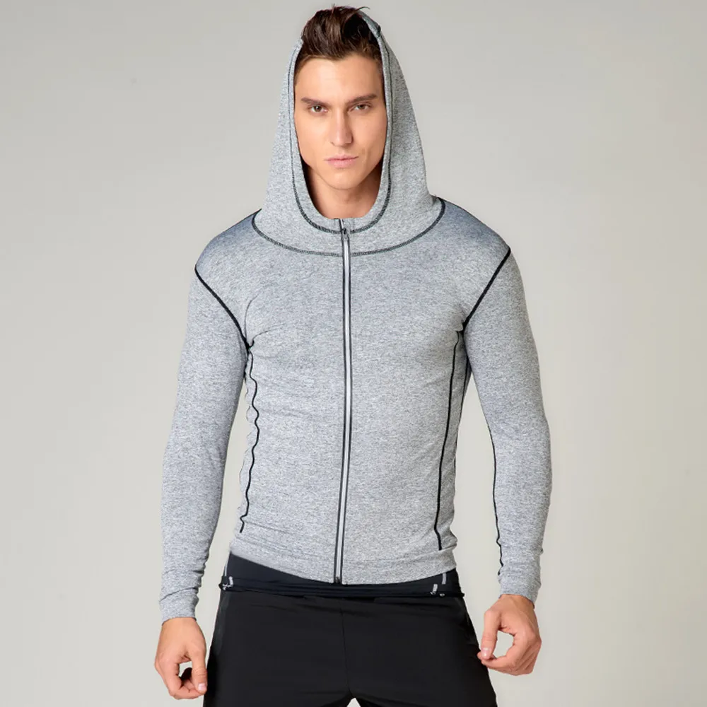 Men Running Jacket Sports Fitness Long Sleeves Hooded Tight Gym Soccer ...