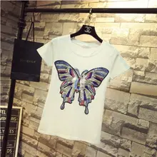 Новая модная женская футболка летняя футболка с короткими рукавами с вышивкой бабочки и пайетками праздничный топ для девочек