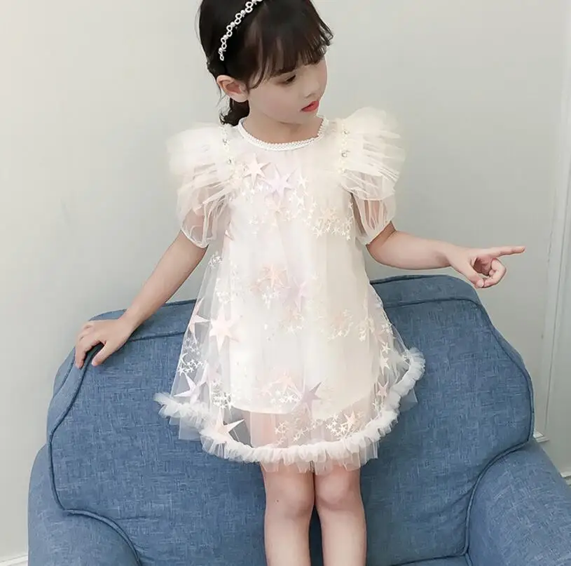Retail Baby Girls Teenage Puff Sleeve Beading Mesh Summer Dresses