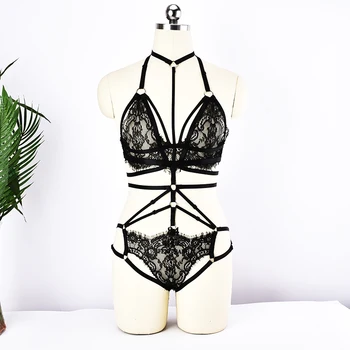 

Black lace Hollow out Bondage Harness Dance Rave Body Harness translucency Panties string Set Belt Lingerie Cage Bra Goth