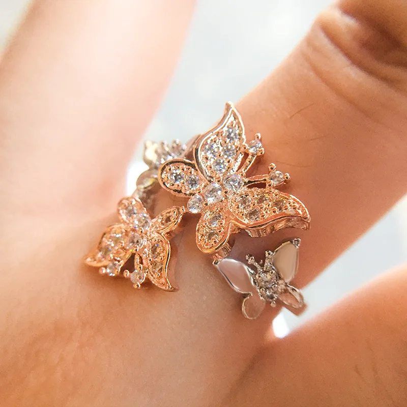 Cute Female Girls Rose Gold Butterfly Ring Luxury 925 Sterling Silver