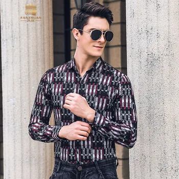 

Fanzhuan New Free Shipping men's male man fashion 2019 spring printed slim elastic comfortable slim black versatile shirt 922003