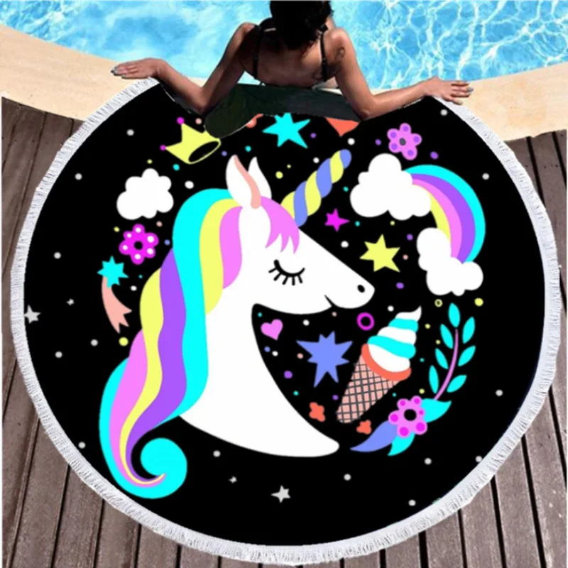 

GRIDILANGO Unicorn Round Beach Towels With Tassel Microfiber Flower Rainbow Crown Star Travel Sofa Picnic Living Room Home Decor