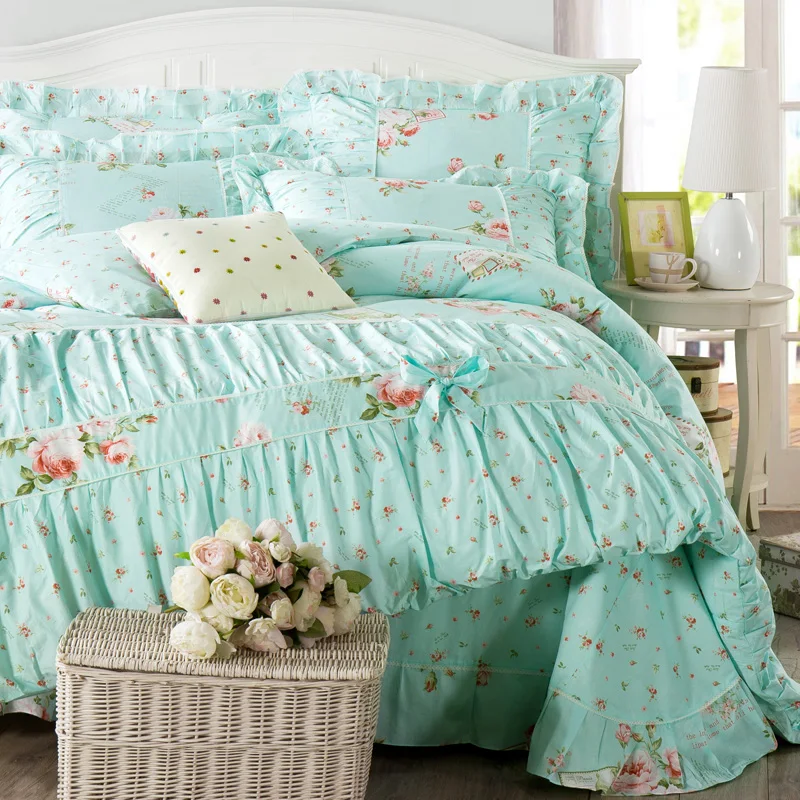 layout korean version Young pink cotton bedding set queen/king size single adult lace Flowers Series Bedding Skirts Set 4pcs | Дом и сад