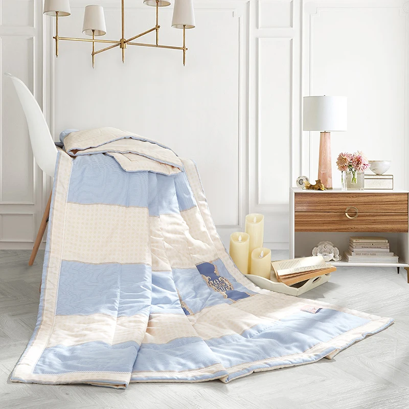 

Fashion Blue Beige Stripes Quilting Summer Comforter Quilt Stitching Modal Fabric Polyester Filler Twin Queen Air-Condition