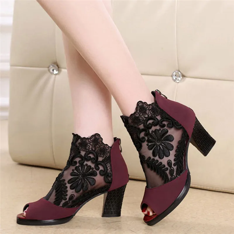 Rimocy summer ankle boots for women square high heels botines mujer lace shoes woman peep toe sandals embroider pumps femme