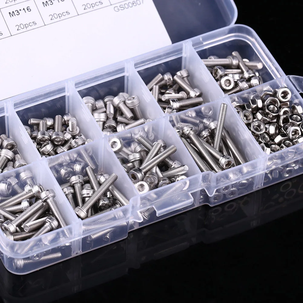 

340Pcs/Box Hex Screws Bolts Nut Set Stainless Steel M3 Cap Head Fastener Kit with Storage Box JA55