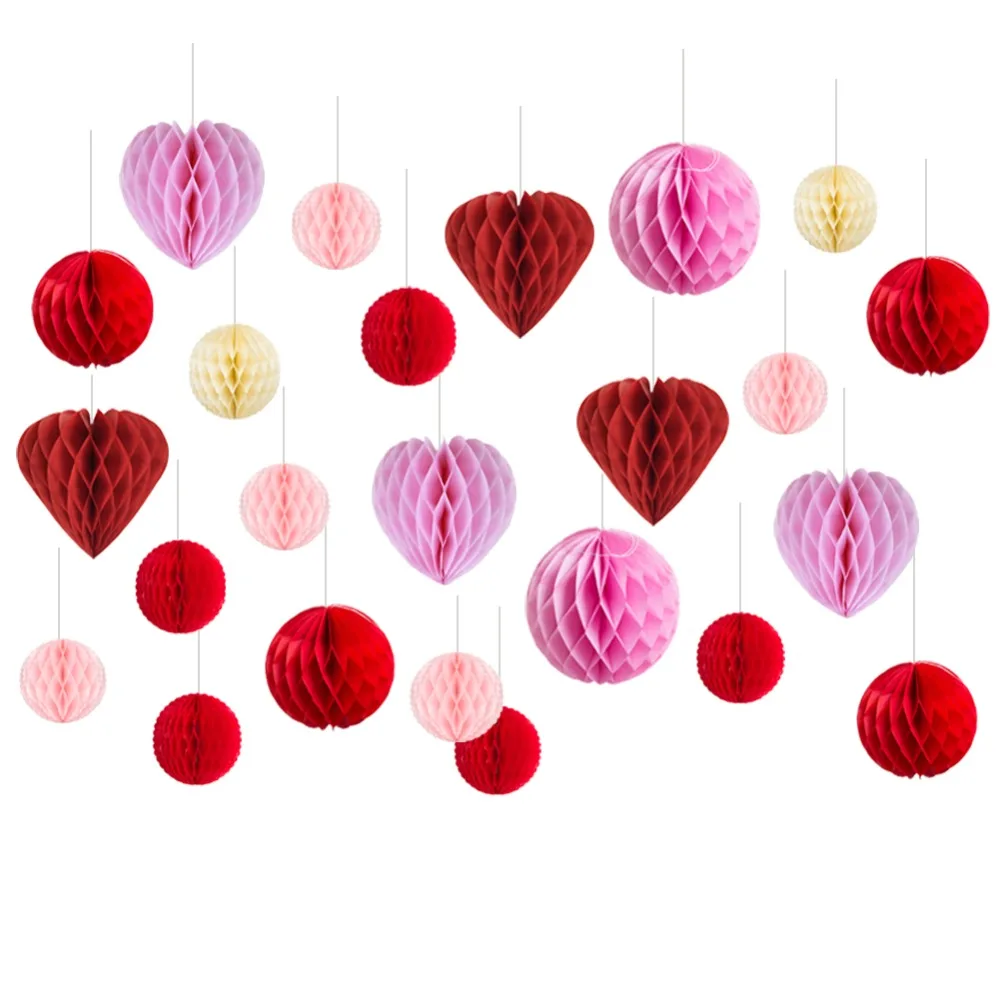 

24pcs Red Pink Valentines Day Paper Decoration Kit Honeycomb Heart Balls Tissue Paper Balls Hanging Decor Wedding Decoration