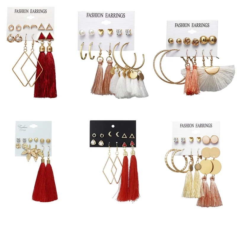 

QCOOLJLY New Design Tassel Stud Earrings Set For Women Girl Bohemian Gold Flower Long Earring Female Fashion Wedding Jewelry