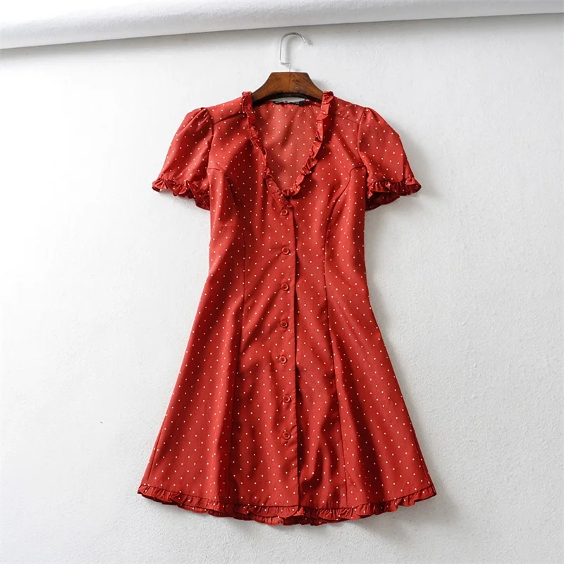 Women Print V Neck Button Up Mini Dress with Frill Trimming - Color: dot red